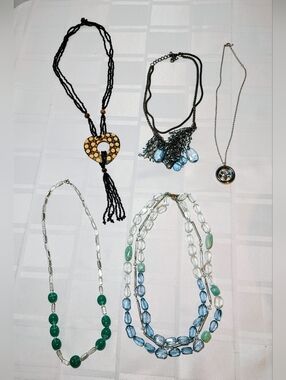 Multi-Strand Glass Bead Necklaces in Blue, Green and Black, Set of 5